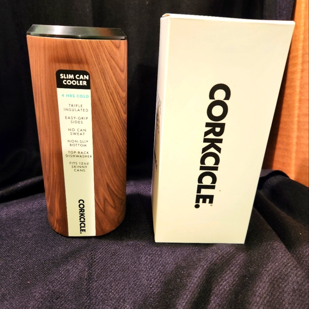 NIB Corkcicle Slim Can Cooler in Walnut Wood